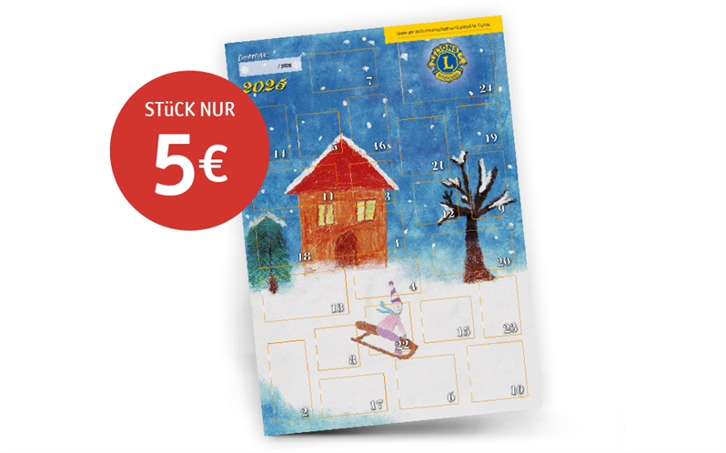 Titel Lionskalender 2025: Schneelandschaft mit rotem Haus und Kind auf Schlitten